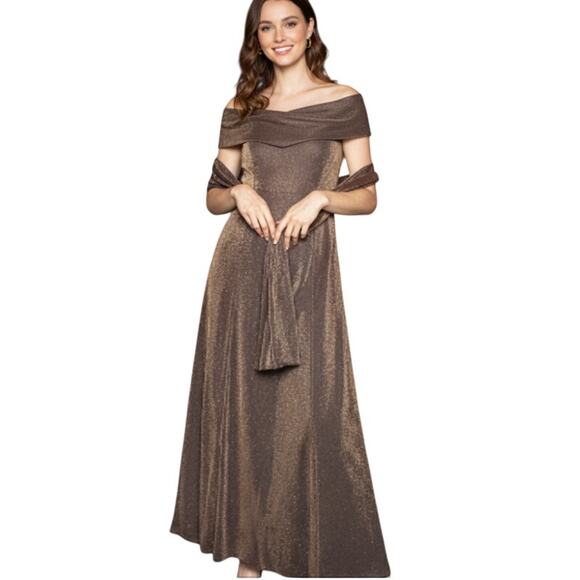 Cache Vintage Bronze Sparkle Square Neckline Party Dress w Scarf 3/4 - Picture 1 of 12